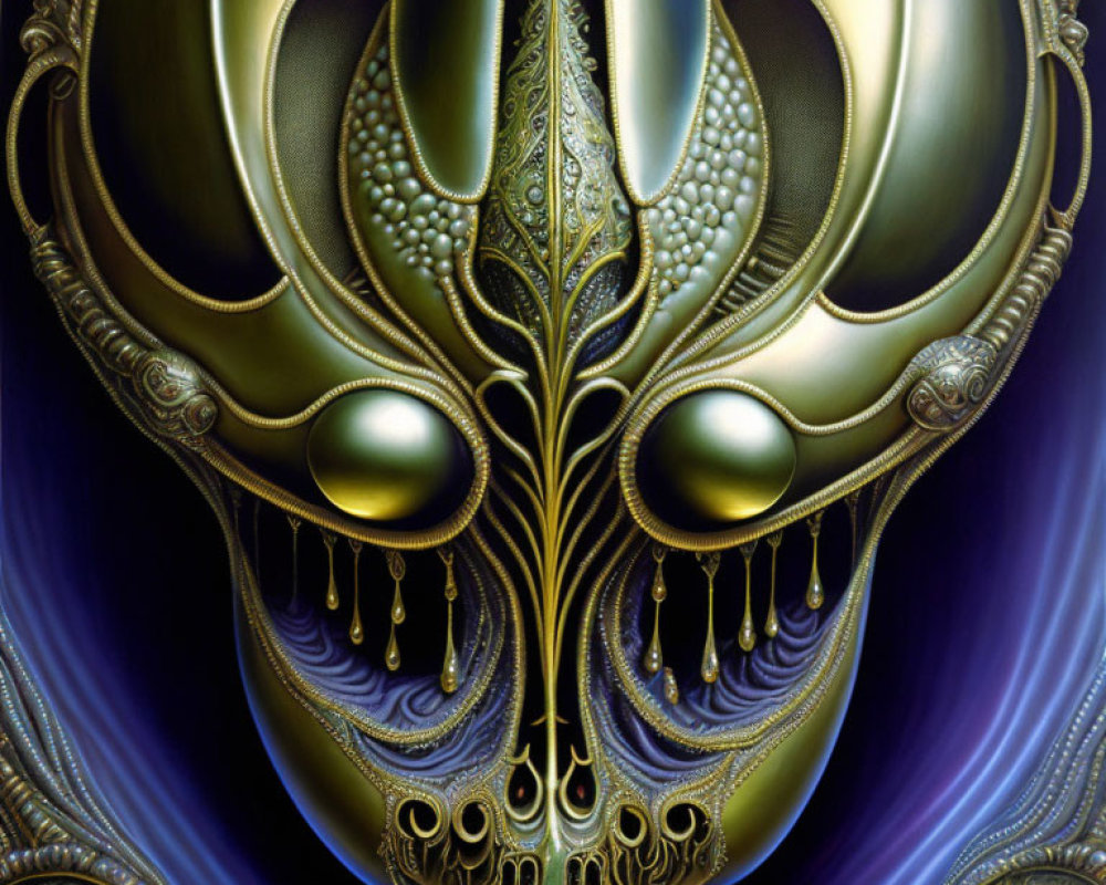 Surreal metallic skull with elongated eye sockets on swirling blue and black background