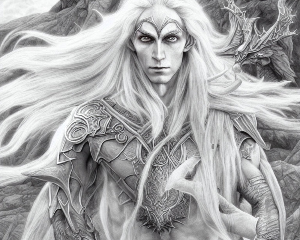 Monochrome artwork of ethereal elf in ornate armor among craggy rocks