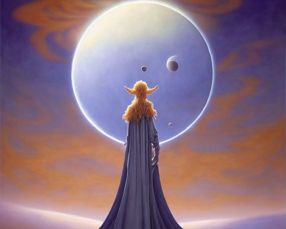 Woman in Long Dress Contemplating Moon in Surreal Landscape