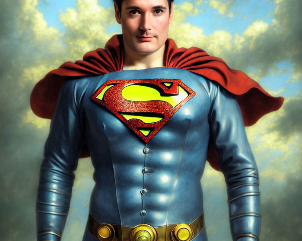 Classic Superman Costume with Red Cape and "S" Emblem on Chest in Cloudy Sky Setting