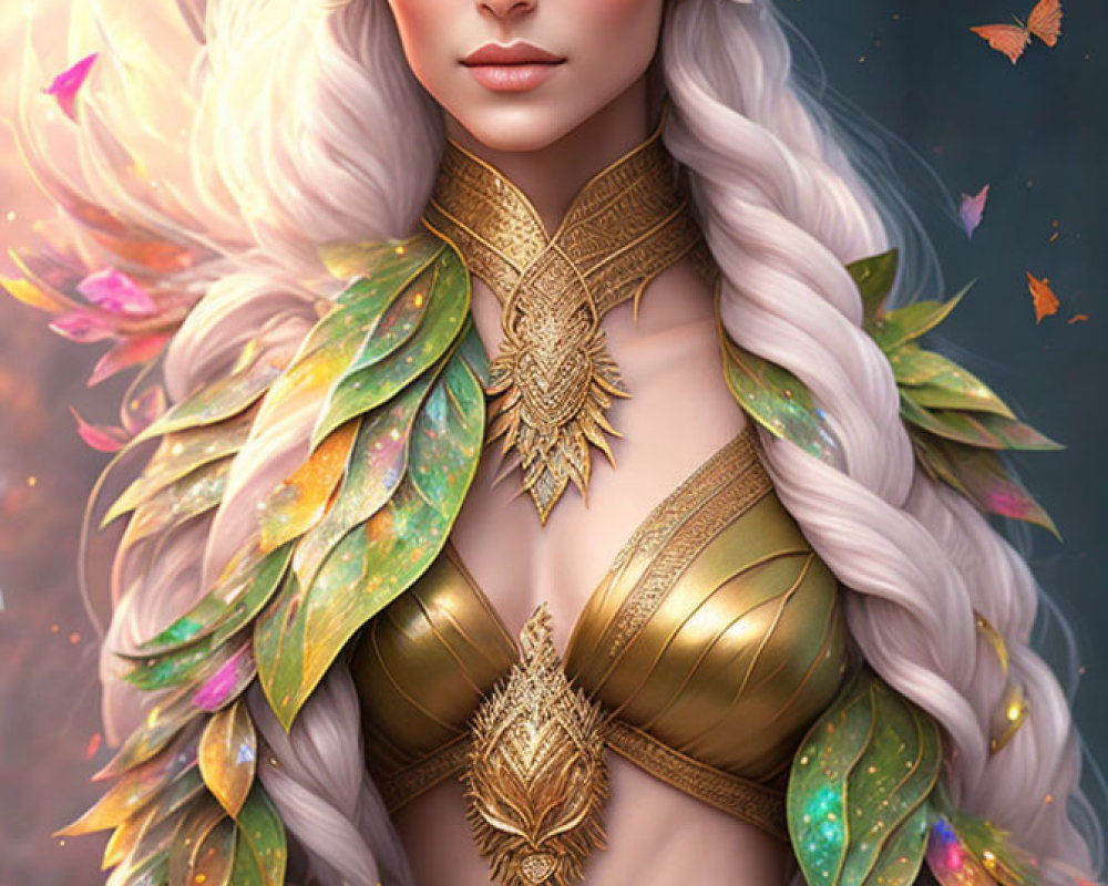 Fantasy female character with long white hair in golden armor and mystical butterflies.