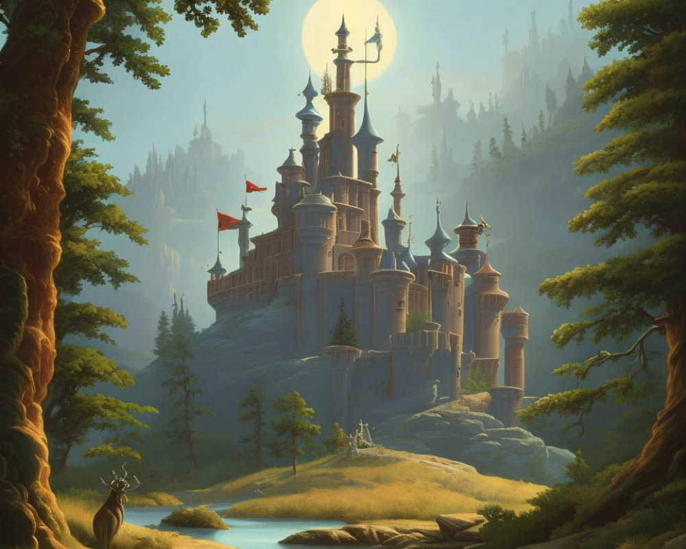 Majestic castle in serene forest with river under crescent moon