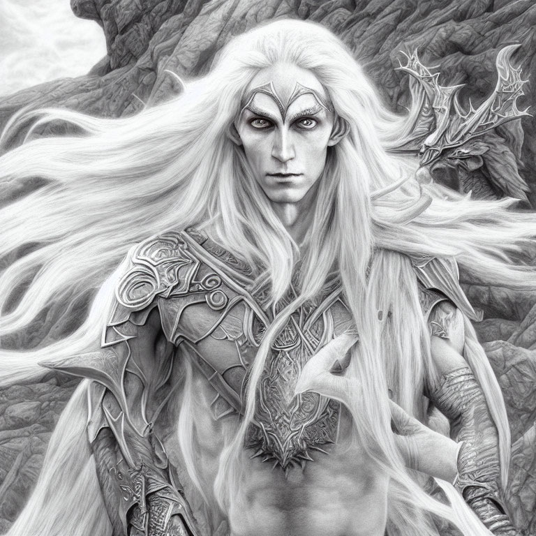 Monochrome artwork of ethereal elf in ornate armor among craggy rocks