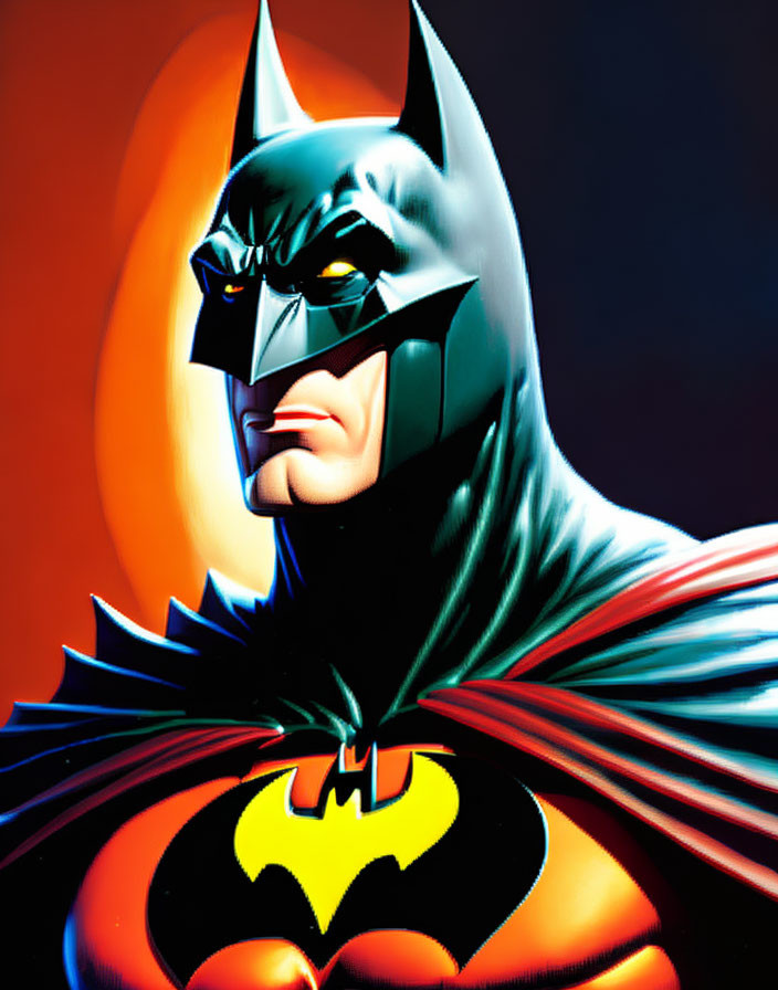 Detailed Batman illustration with stern expression and iconic black cowl, cape, suit, and bat symbol on