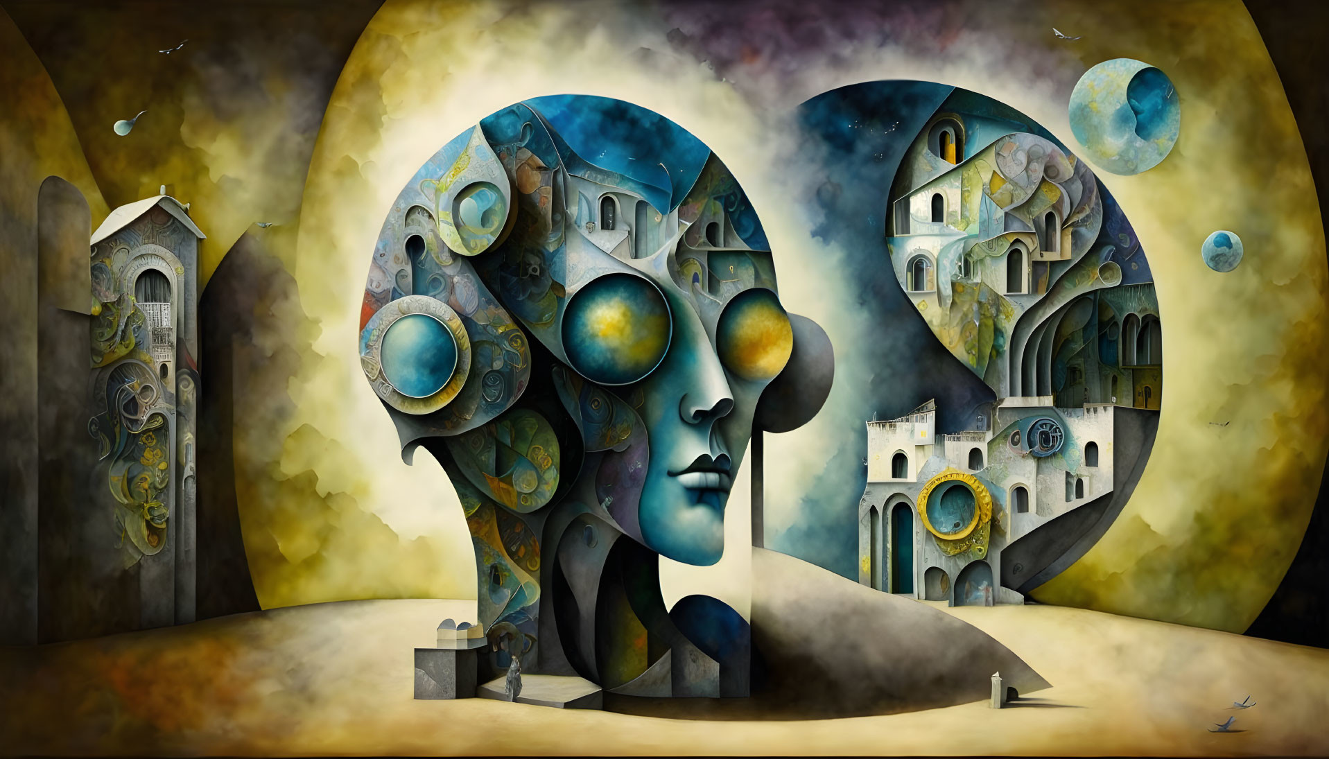 Surreal artwork: Two mechanical heads in cosmic setting