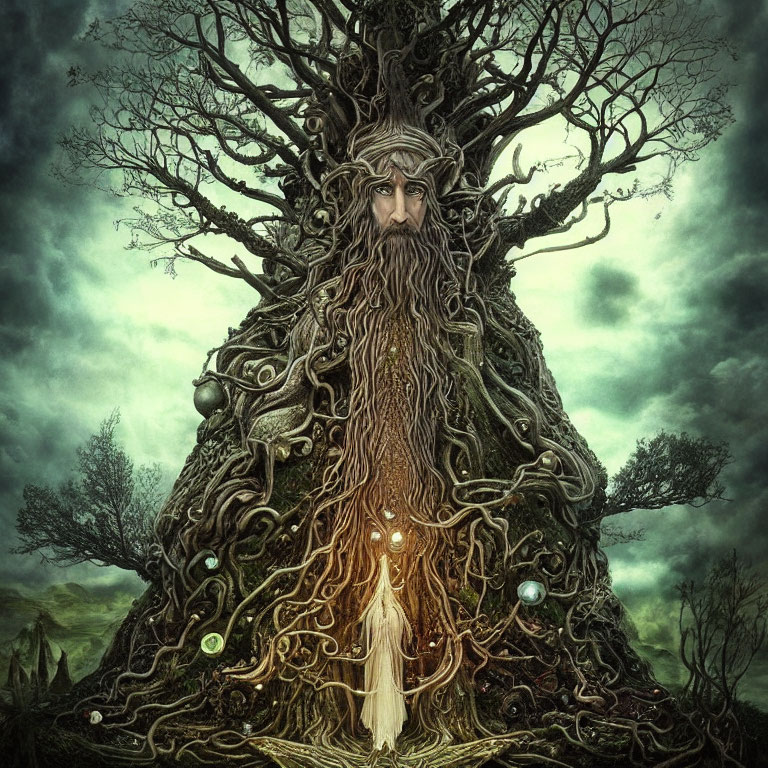 Tree with human-like face, intricate roots, lantern held by figure, stormy sky