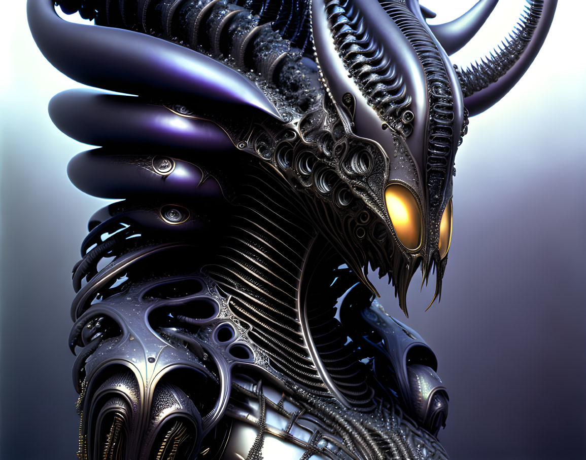 Detailed biomechanical creature with black exoskeleton and yellow eyes