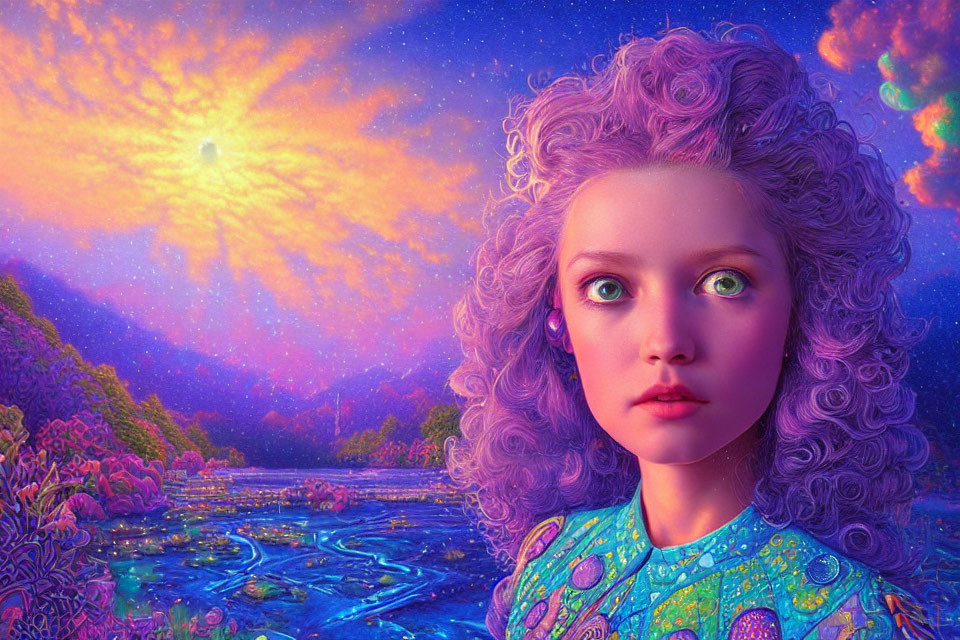 Colorful digital artwork of a girl with curly hair in a fantastical landscape