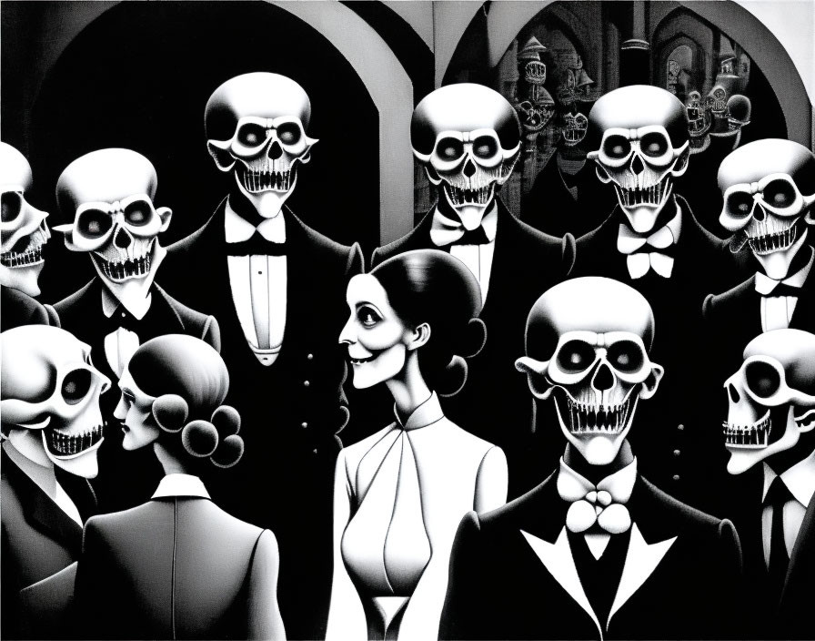 Monochrome artwork: Skeletons in formal attire with human woman