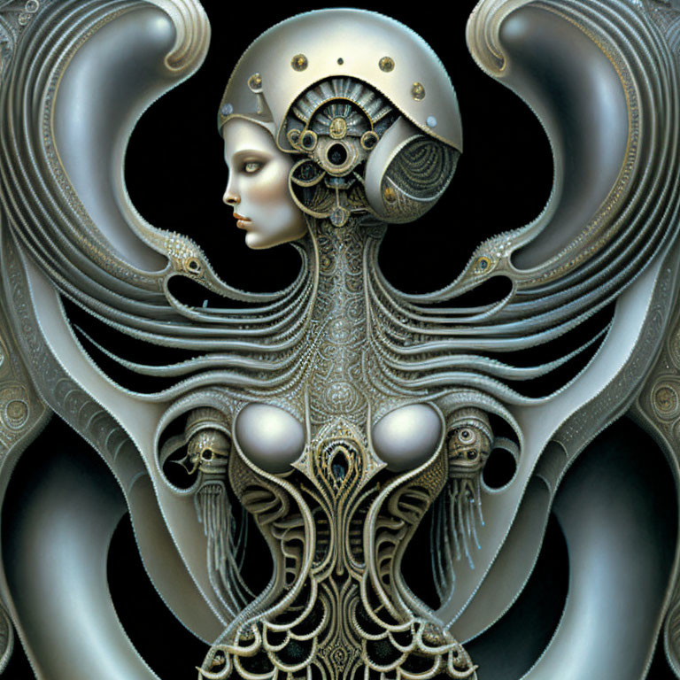 Surreal female figure with ornate robotic features and helmet