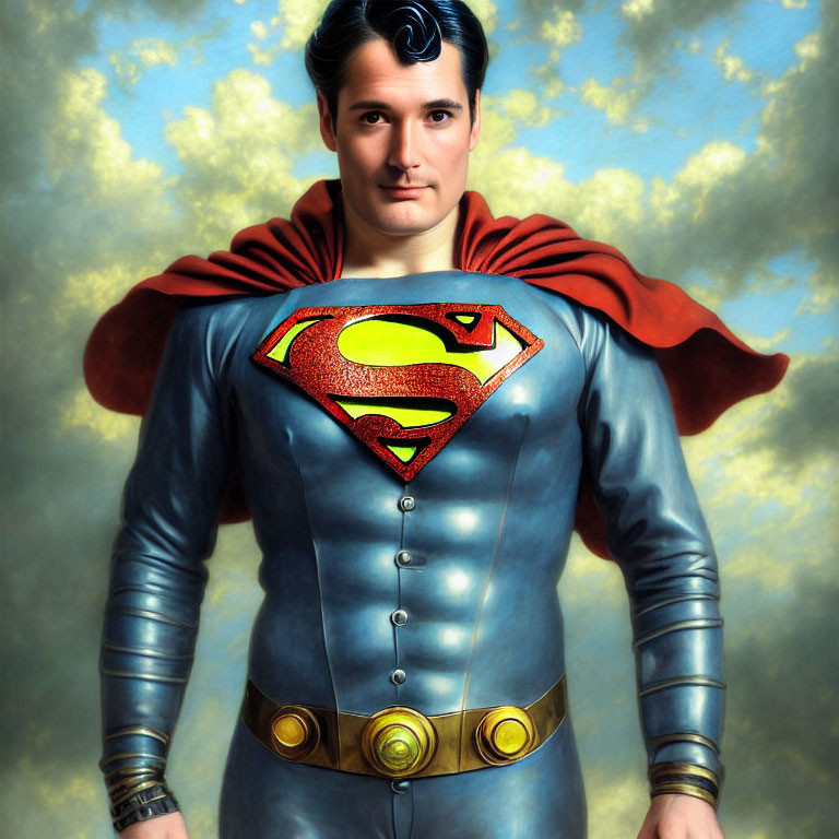 Classic Superman Costume with Red Cape and "S" Emblem on Chest in Cloudy Sky Setting