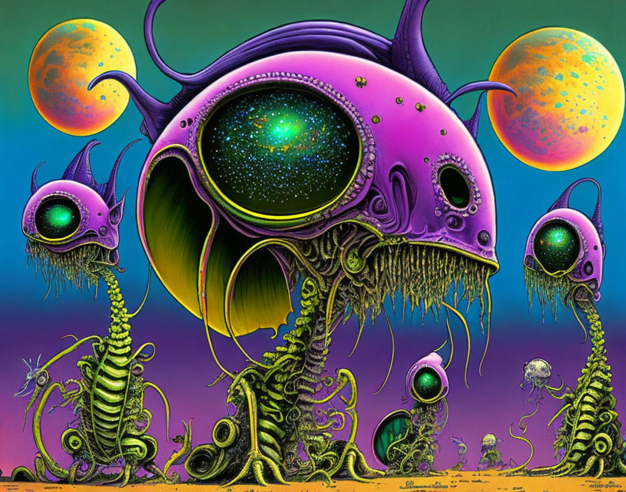 Vibrant surreal alien landscape with multiple-eyed creature and moons