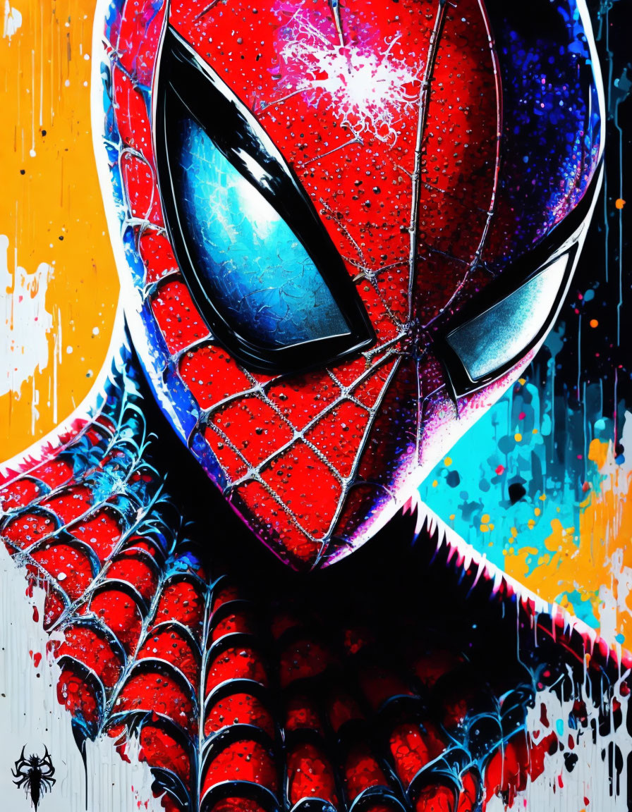 Colorful Spider-Man mask with intense eyes and graffiti-style paint splatters