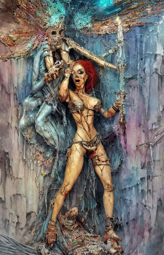 Skeletal figure embracing warrior woman with red hair in chaotic backdrop