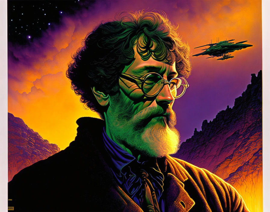 Vibrant illustration: Bearded man with glasses in surreal sunset with spaceship