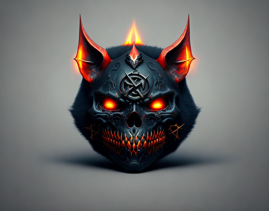 Menacing demon skull with red eyes, horns, and flames on gray background