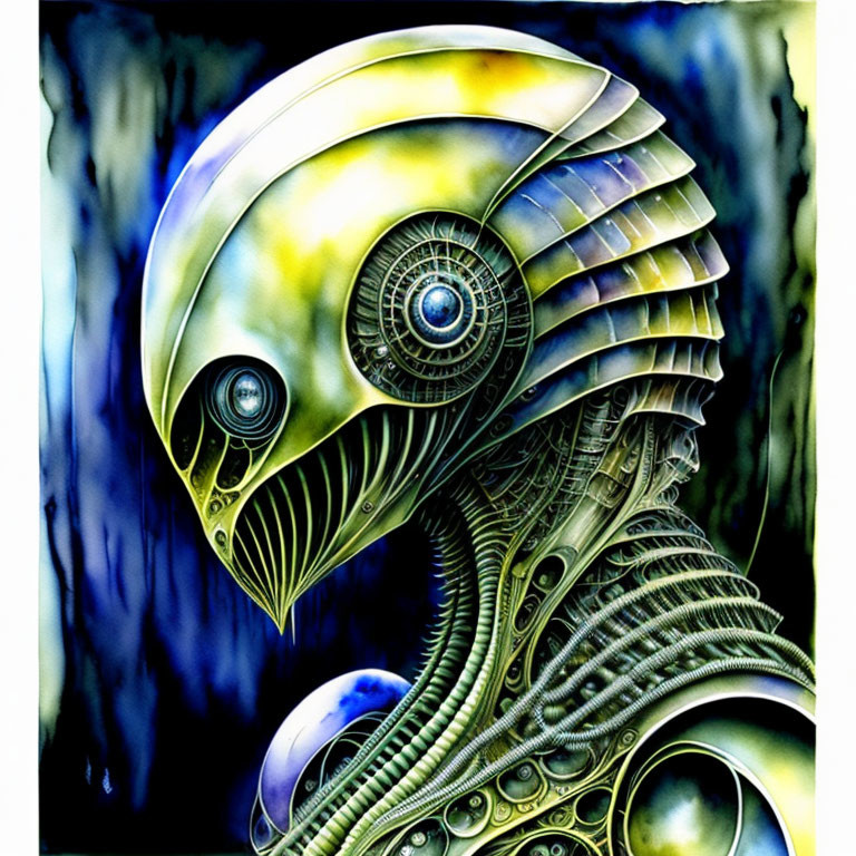 Detailed robotic creature illustration with prominent eye and layered head structure on blue backdrop