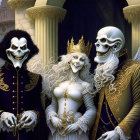 Eerie aristocratic figures in skull-like masks with small creature by columns