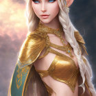 Fantasy female character with long white hair in golden armor and mystical butterflies.