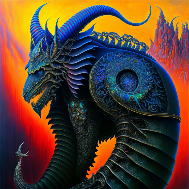 Colorful Dragon with Shield-like Structure in Fiery Landscape