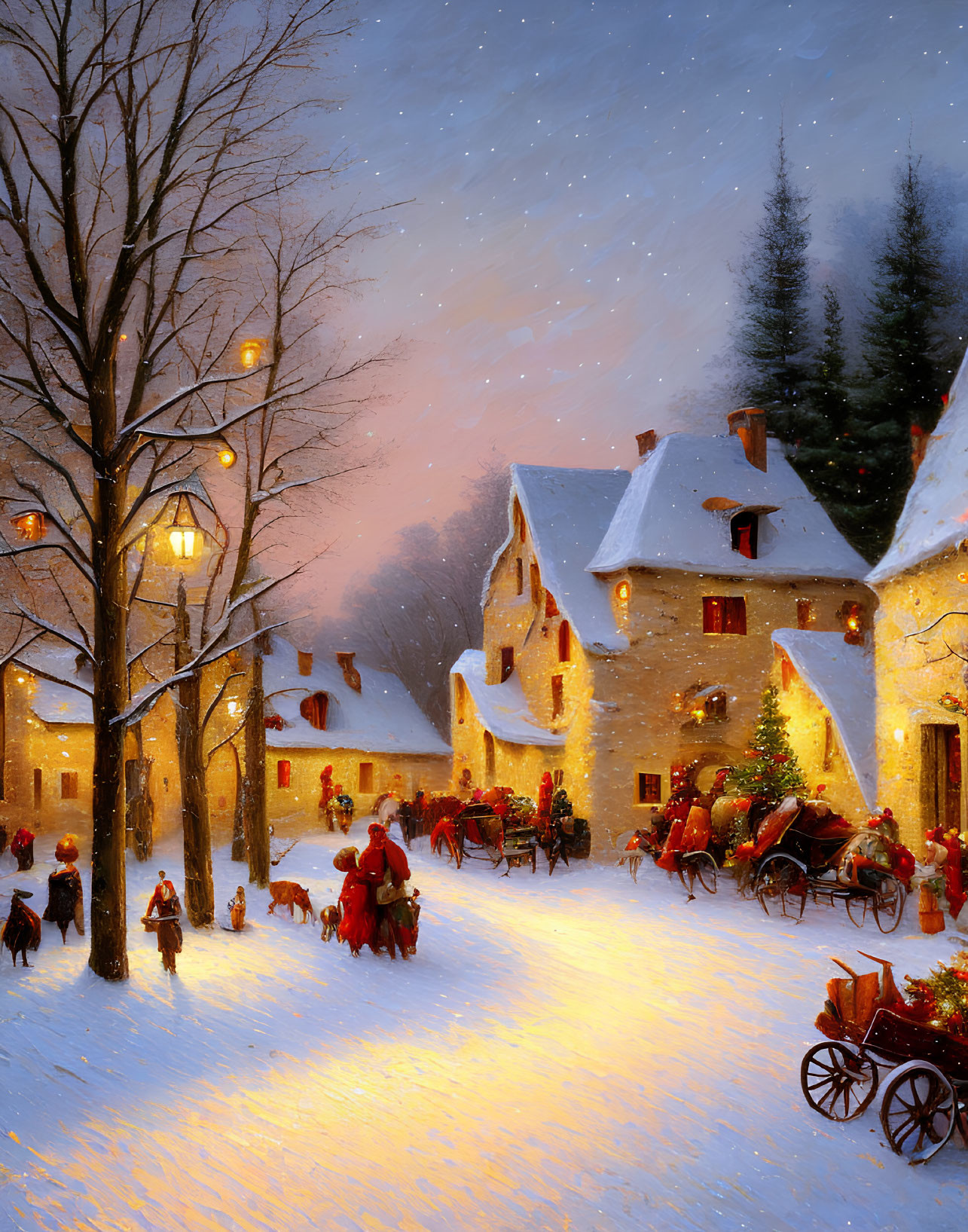 Snowy village winter scene with people and horses at evening