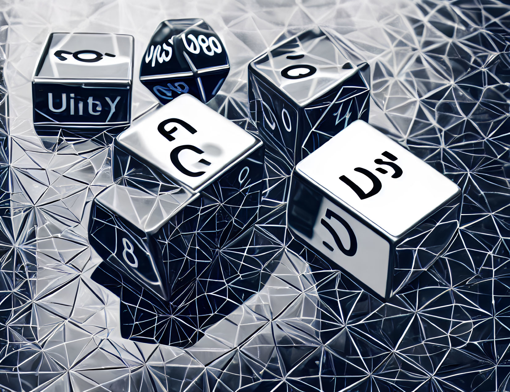 Geometric Patterned Background with Programming Symbols on Six-Sided Dice