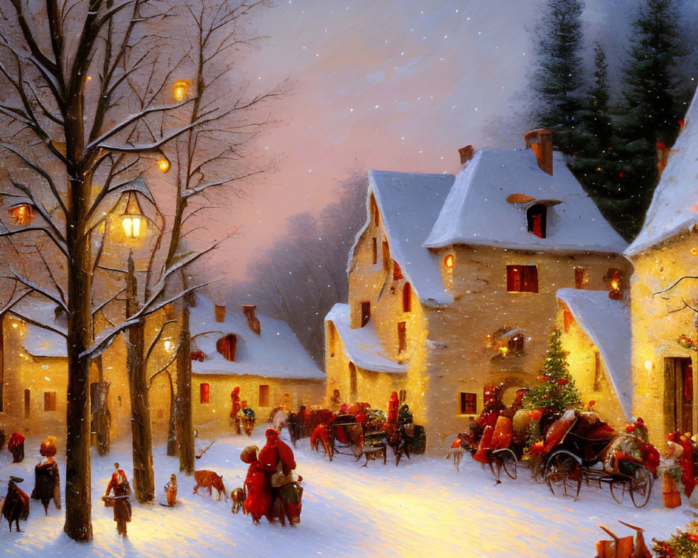 Snowy village winter scene with people and horses at evening