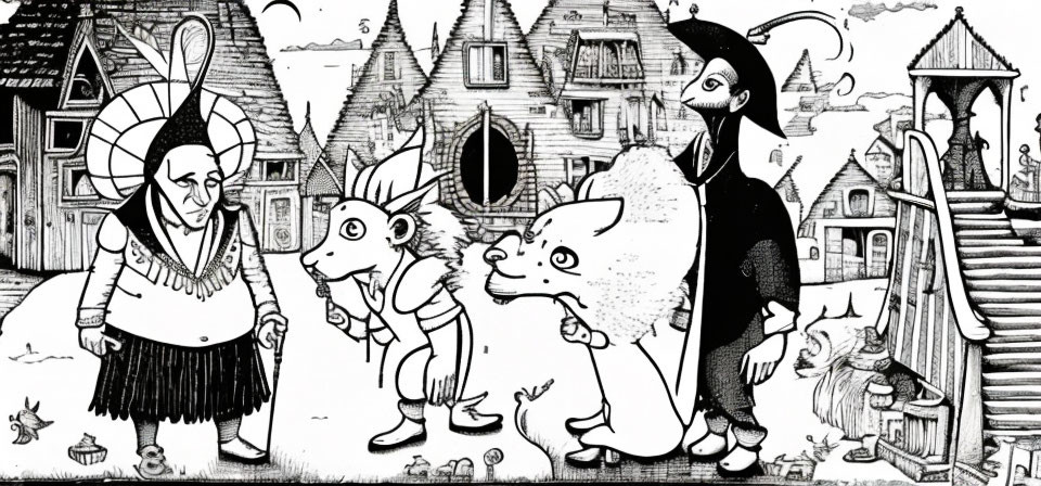 Whimsical black and white illustration of animal-like characters in a fantastical town