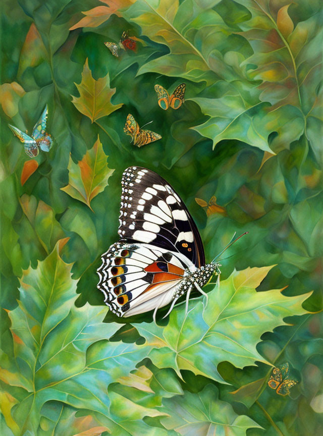 Colorful Butterfly Among Green Foliage and Smaller Butterflies