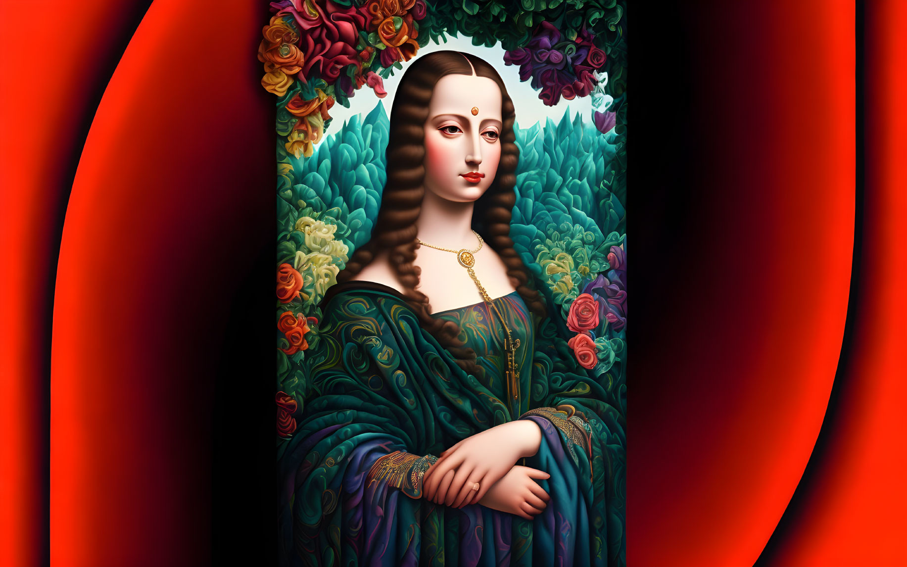 Vibrant modern Mona Lisa with exaggerated floral patterns