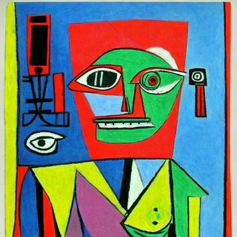 Vibrant Cubist-style painting of a stylized human face