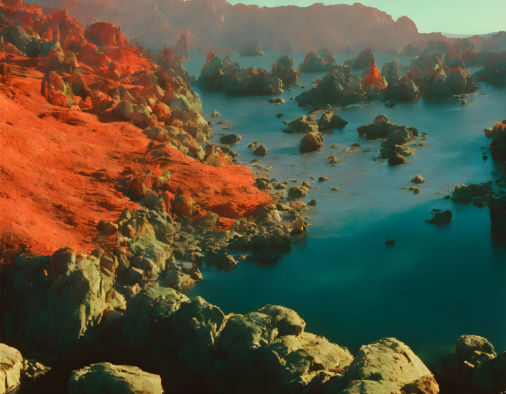 Vivid surreal landscape: red rocks, teal water