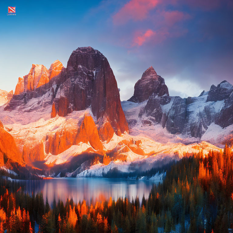 Snow-capped mountain range at sunset with lake and autumn forest