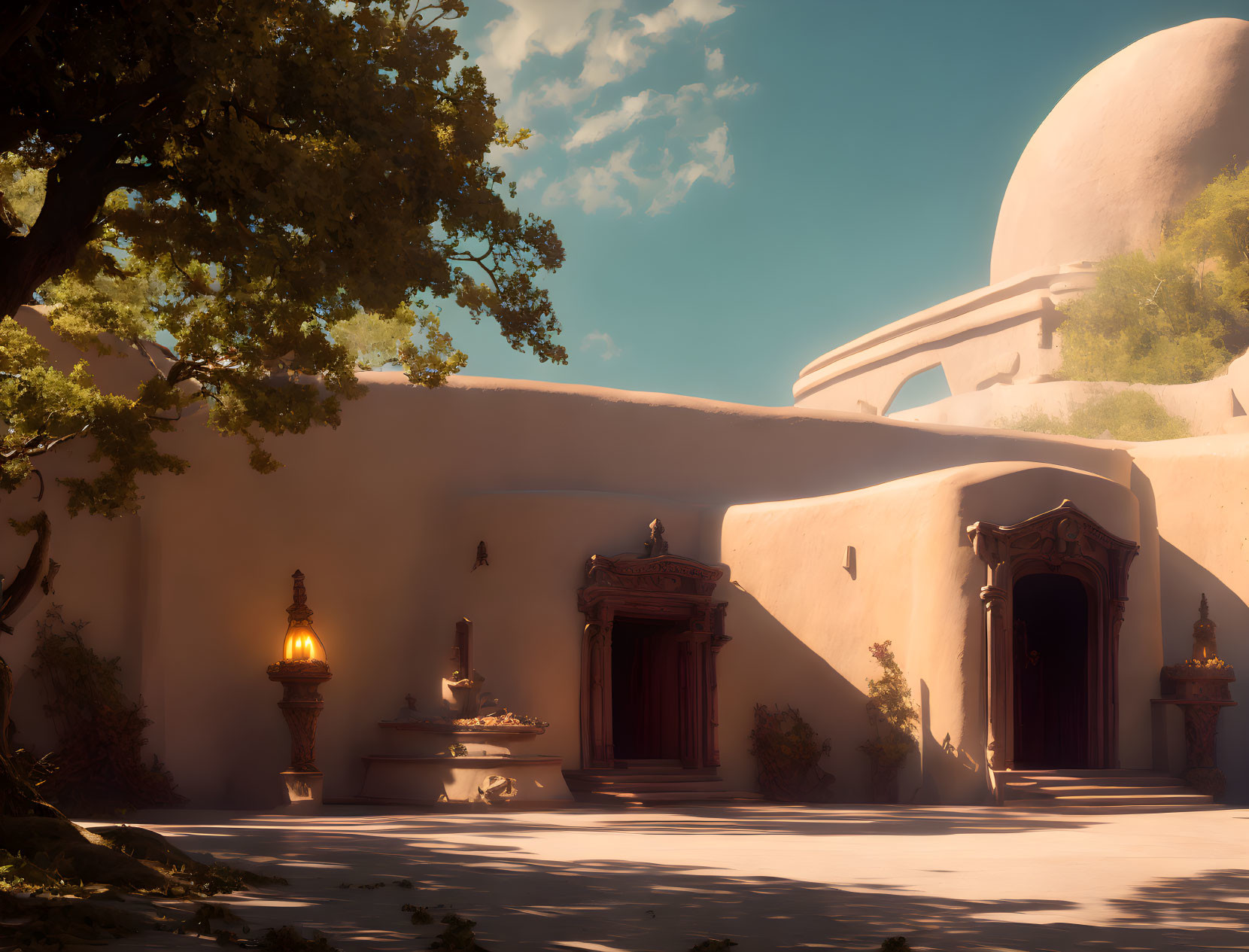 Tranquil courtyard with dome, ornate doors, fountain, trees & lanterns