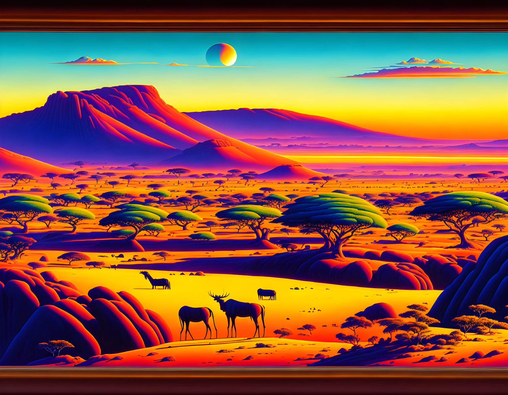 African savanna sunset digital illustration with acacia trees and wildlife