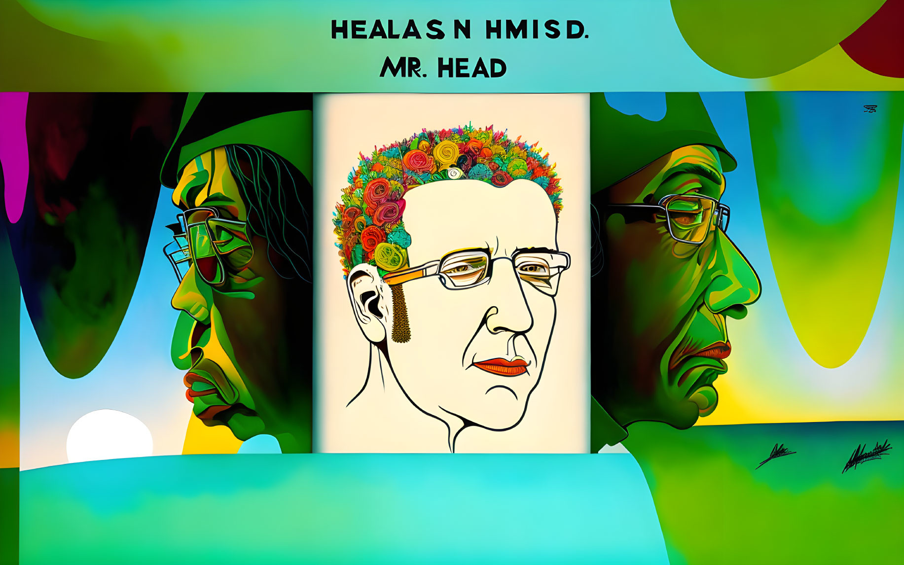 Vibrant abstract artwork: central man portrait with flowers, mirrored profiles.