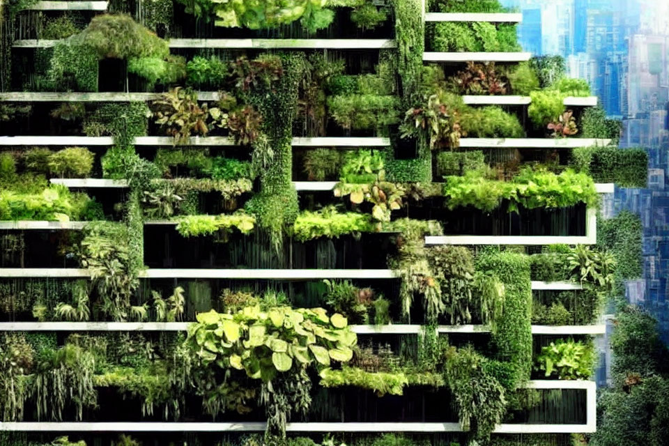 Vertical Garden on Building Facade with Lush Greenery