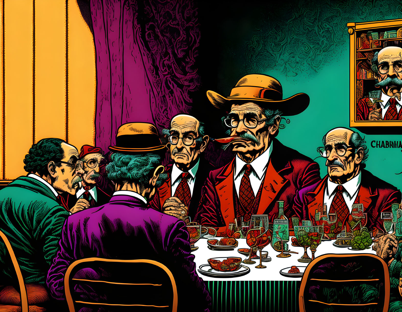 Colorful dinner table scene with mustachioed gentlemen in conversation.