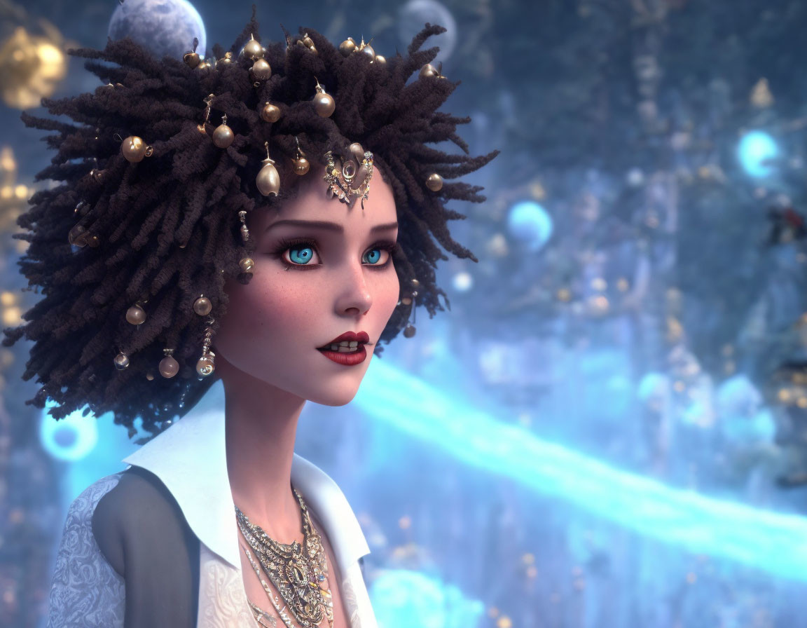 Brown Curly-Haired Animated Character with Blue Eyes on Sparkling Blue Background