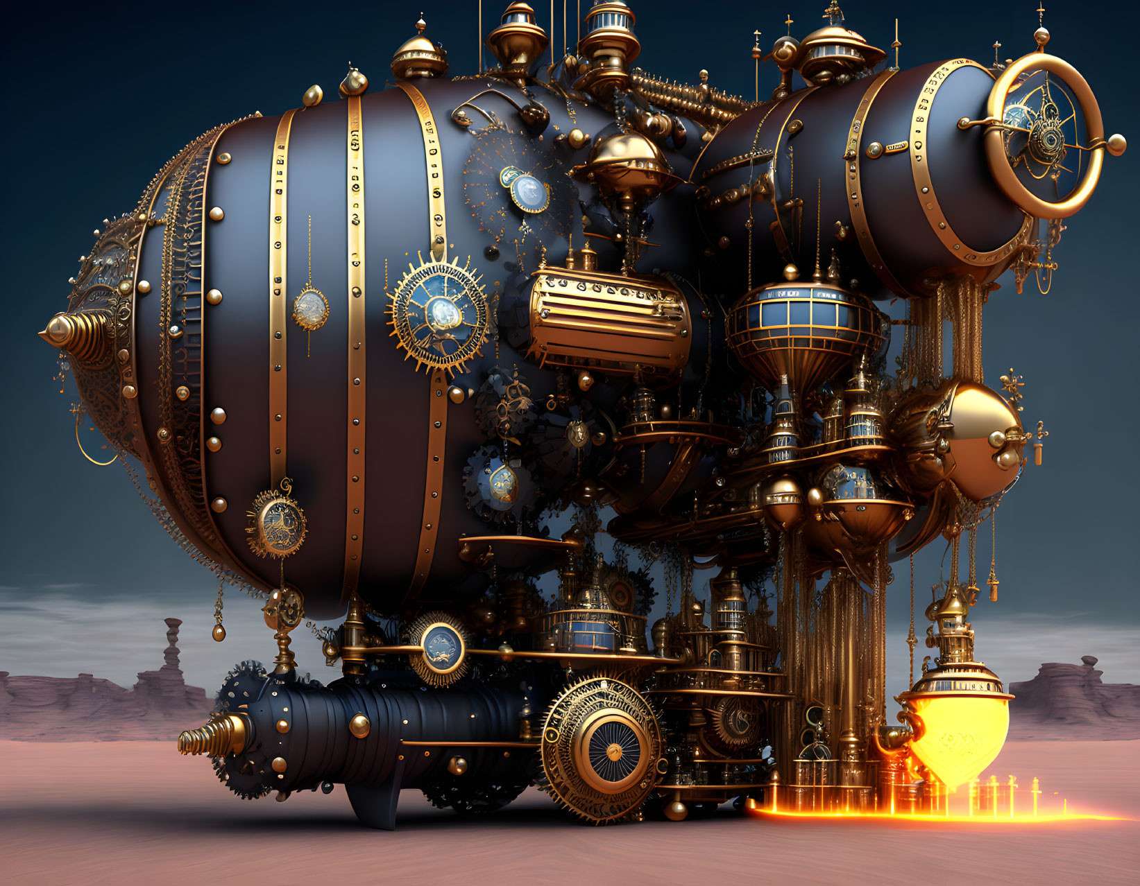 Detailed 3D rendering of steampunk-style machine in desert landscape