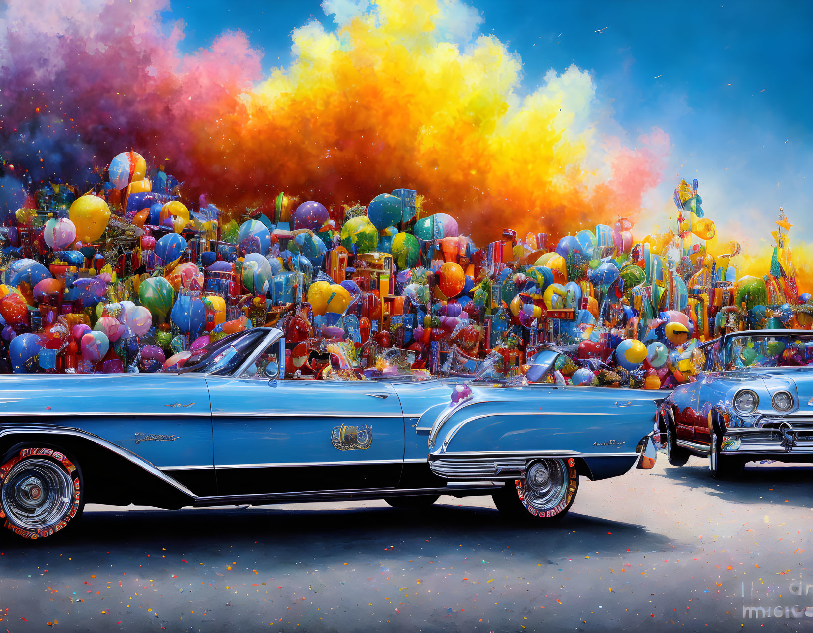 Colorful Street Scene with Classic Cars and Multicolored Powder Explosions