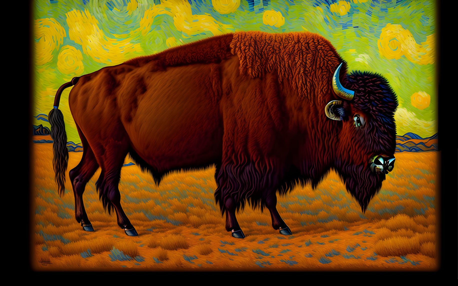 Stylized bison in front of swirling starry sky and yellow field