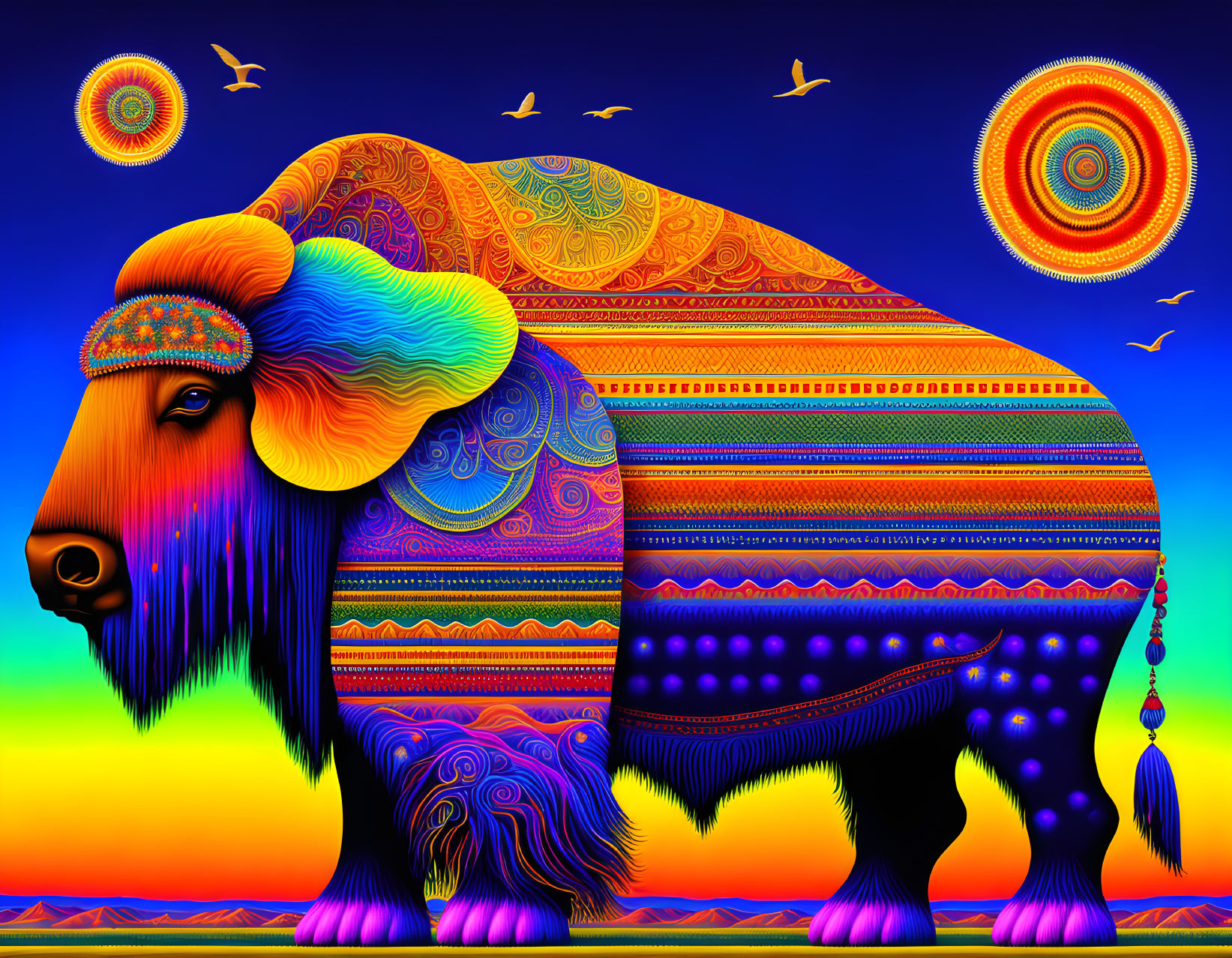 Colorful Bison Artwork Against Sunset Sky with Birds and Circles