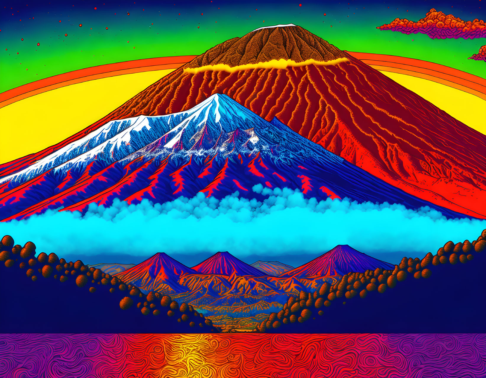 Colorful Psychedelic Mountain Landscape with Sun and Patterns