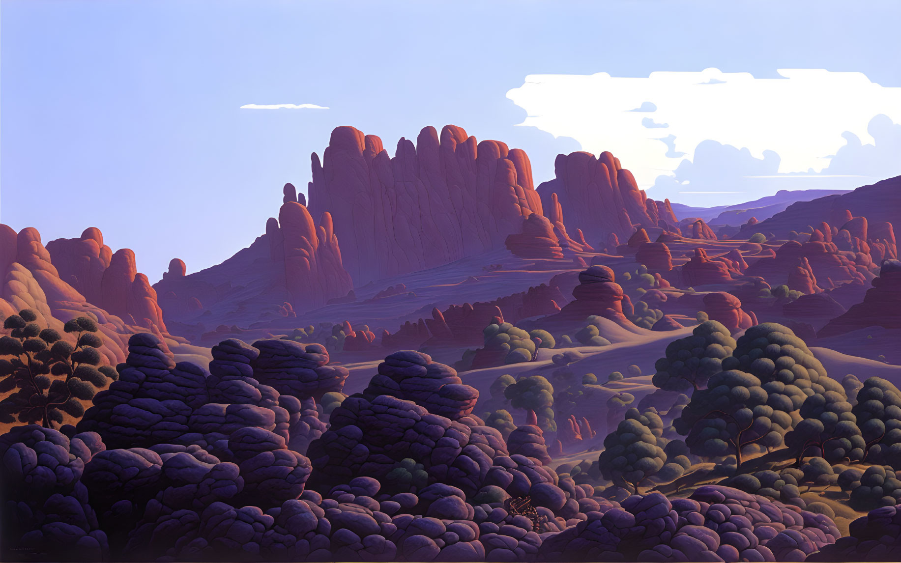 Vibrant desert landscape with purple flora and red sandstone spires