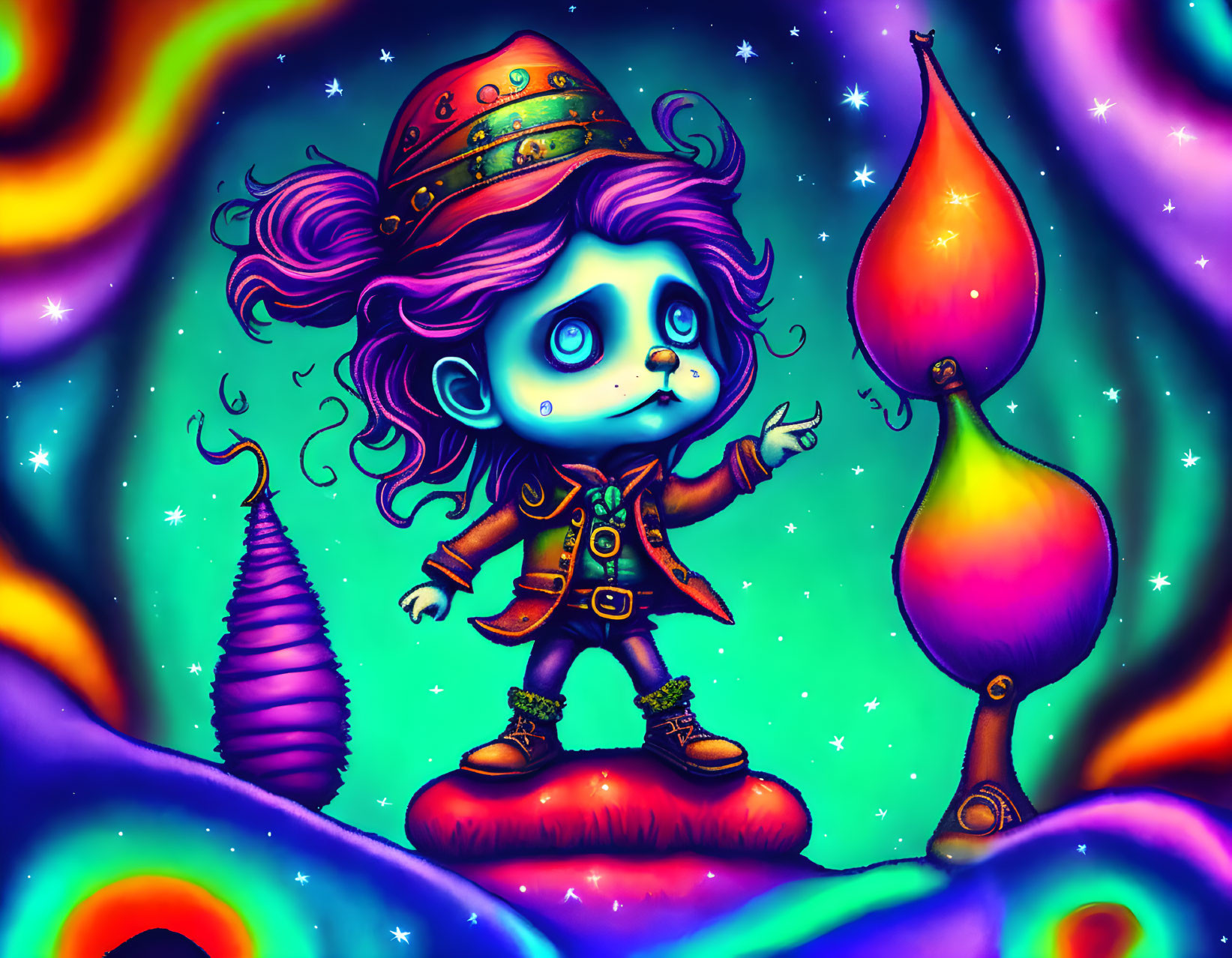 Whimsical character in hat and coat in vibrant digital illustration