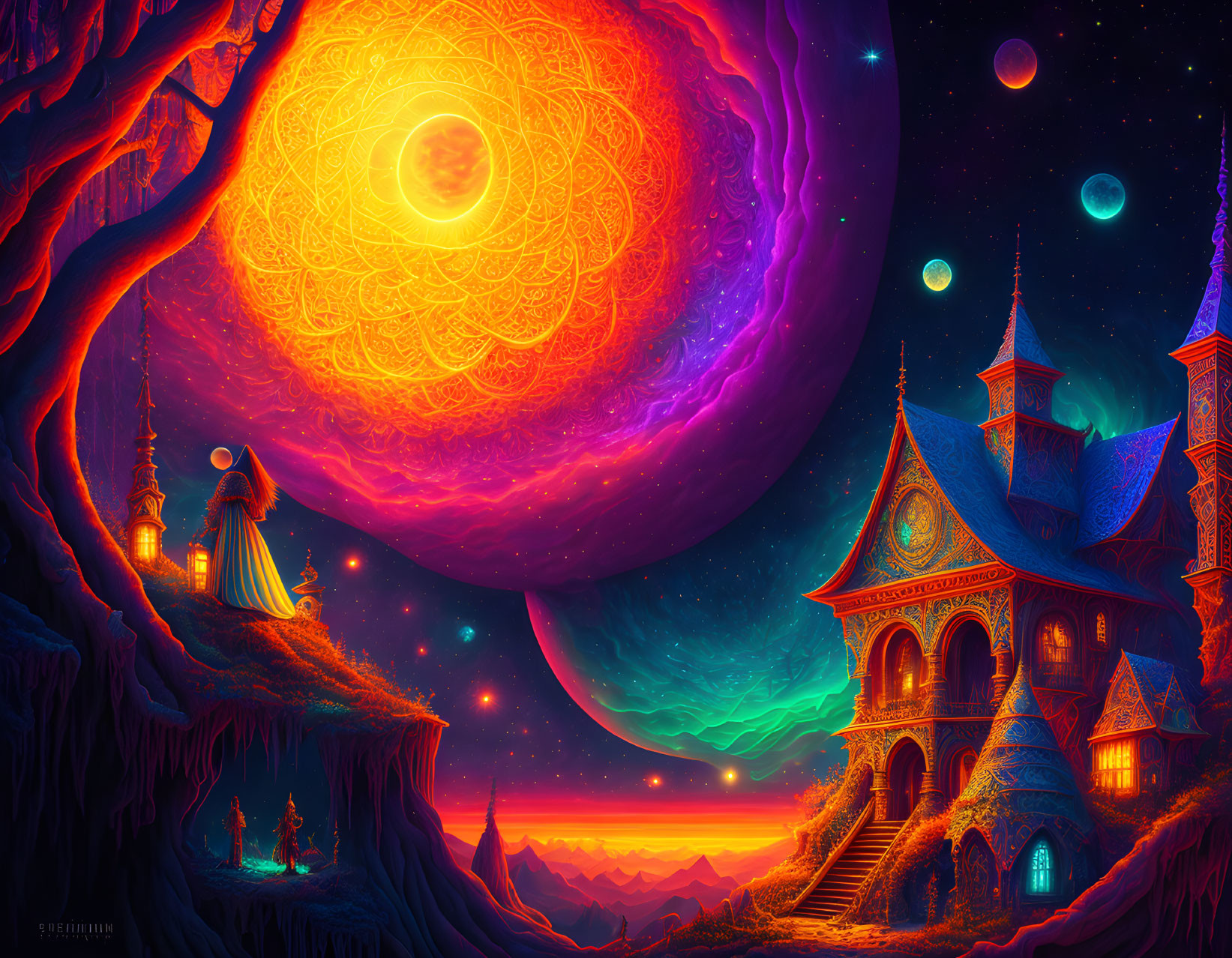 Fantasy landscape with oversized sun, castle, and figures under starry sky