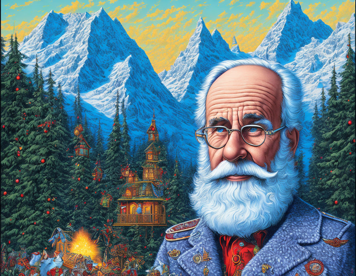 Bearded Man Portrait with Snowy Mountain Scene