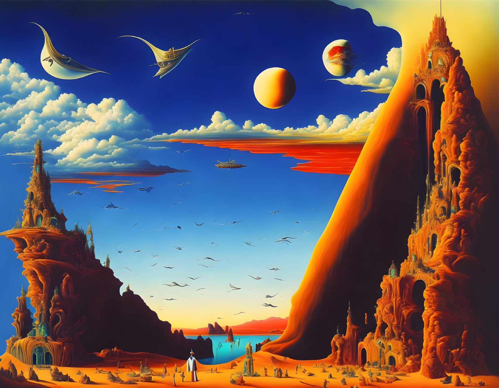 Surreal landscape with towering rock formations and flying ships in red water