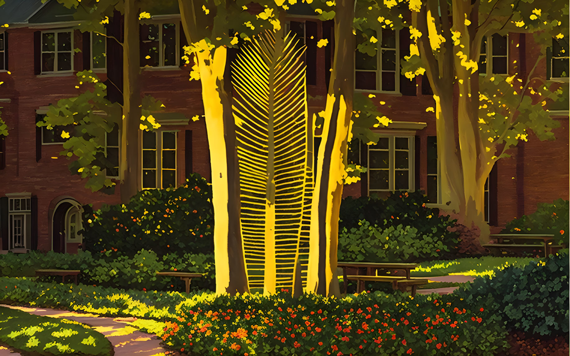 Abstract illuminated sculpture in leafy courtyard at night with benches and red flowers.